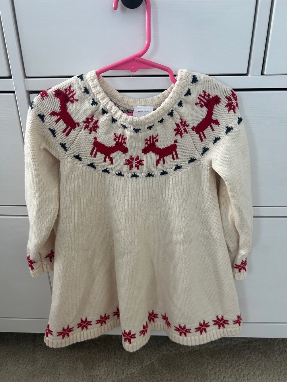 Hanna Andersson Cream & Red Reindeer Knit Kids Dress